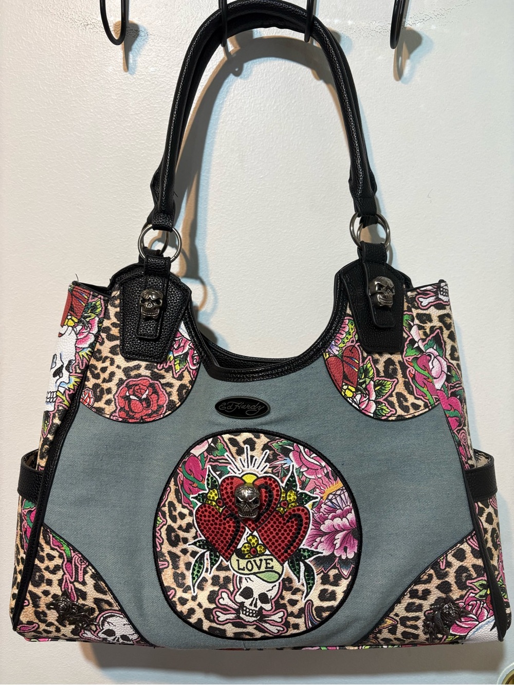 Ed Hardy NWOT “LOVE” Large Shoulder Bag Multicolor/Metal Skulls & Flowers. 17x12